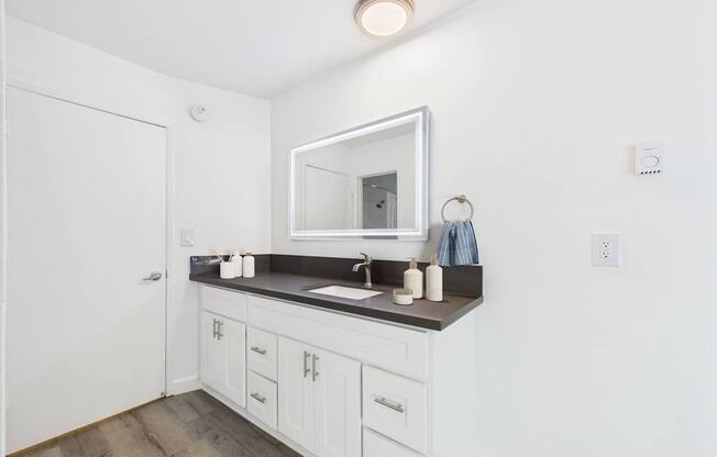A bathroom with a white vanity and a mirror above it.