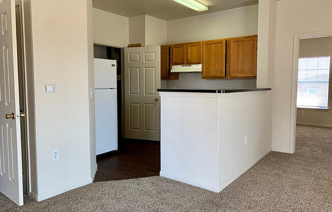 a kitchen with a white refrigerator freezer next to a doorway