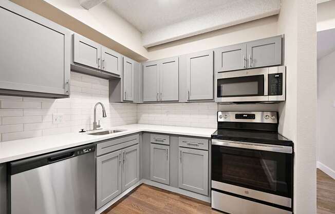 A kitchen with a stainless steel dishwasher and oven.