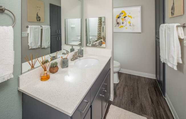 a bathroom with grey cabinets and a white countertop