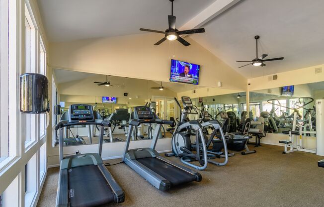 A gym with treadmills, exercise bikes, and other equipment.