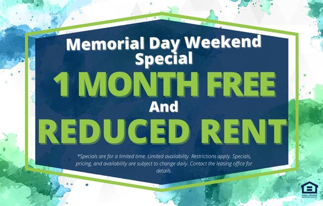 A promotional image for Memorial Day Weekend offering a free month and reduced rent.