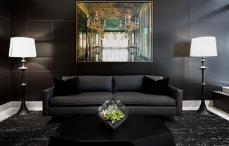 two Gold Street apartment's Lobby with modern finishes and artwork near Wall Street