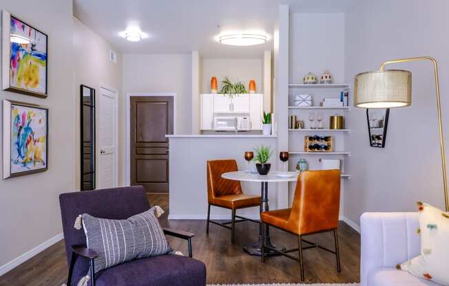 open-concept kitchen and living area at Roosevelt Square luxury apartments