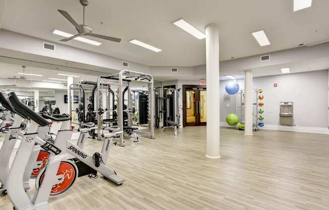 a gym with cardio equipment and weights in a building