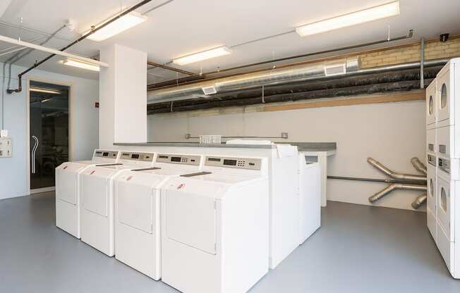 A row of white washing machines are lined up in a laundry room.