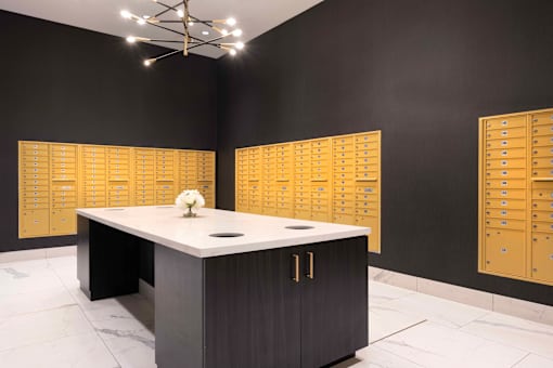 mail package room with lockers with a marble counter at 220 Meridian, Indianapolis, IN 46204