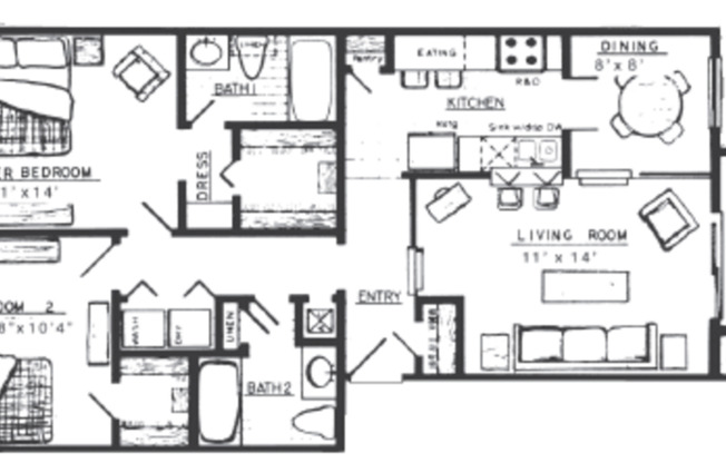 2 beds, 2 baths, 973 sqft, $1,051