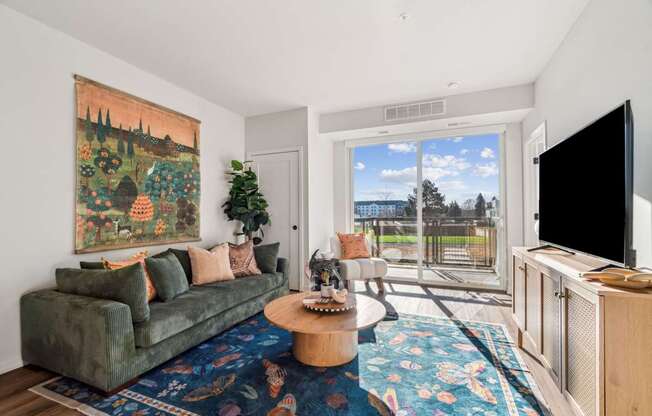 A living room with a green couch and a large painting on the wall.