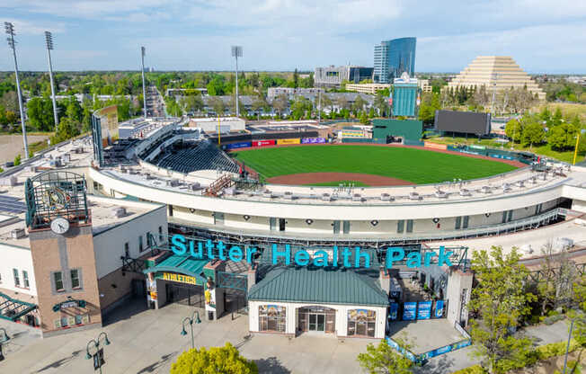 A Sutter Health Park baseball field is shown from an aerial perspective.