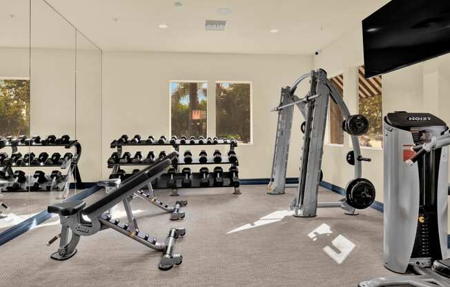 a gym with weights and other exercise equipment in a building