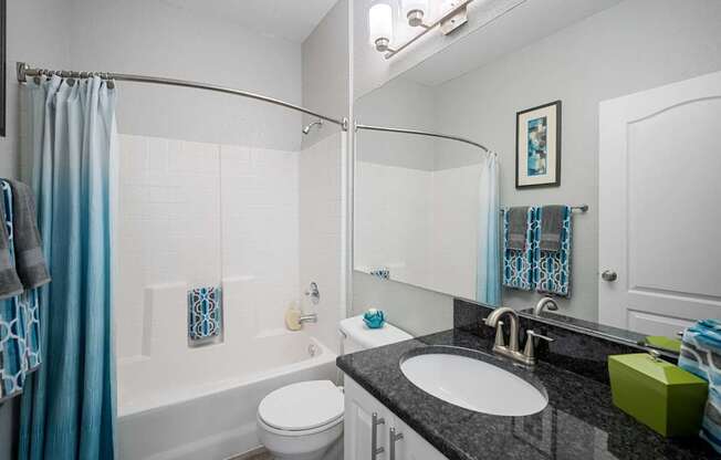 bathroom with shower and vanity with black countertop