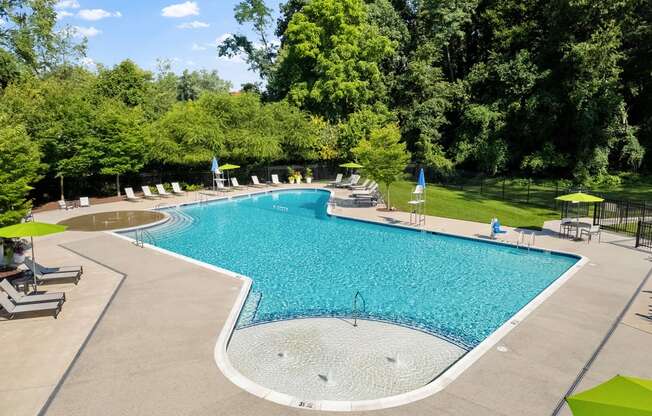 a swimming pool with chairs and umbrellas in a park-like setting with trees