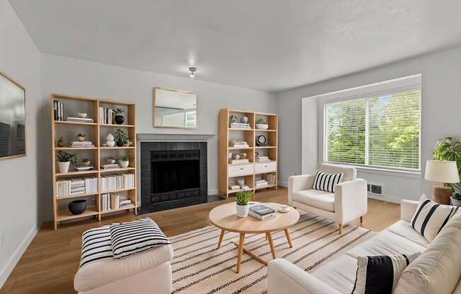 A living room with a fireplace and a coffee table.
