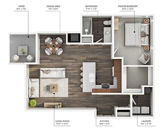 1 bed, 1 bath, 848 sqft, $1,252
