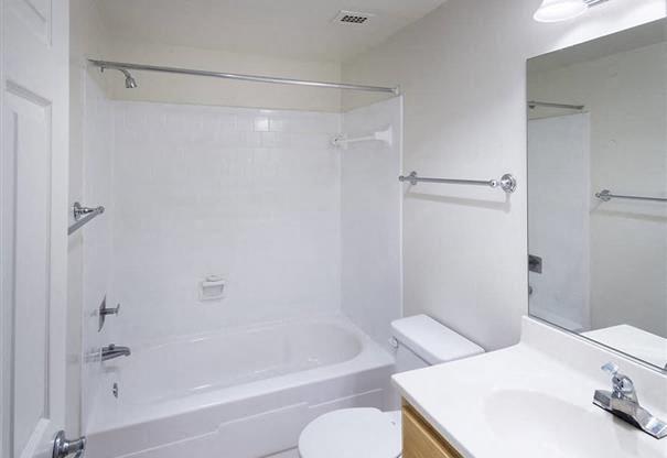 GOLD bright bathroom with a tub at Trillium Apartments, Virginia