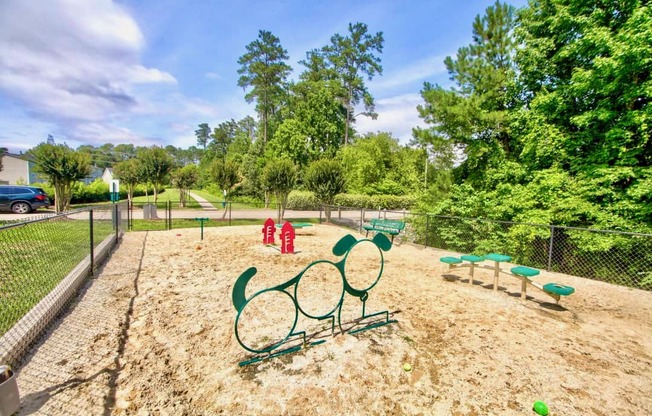 a park with a playground and trees in the background