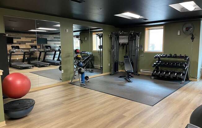 A gym with a variety of equipment including weights and a squat rack.