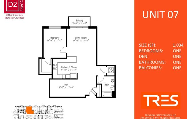 1 bed, 1 bath, 1,034 sqft, $2,040, Unit 407