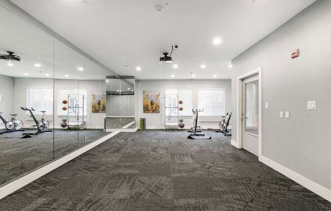 A spacious gym with a grey carpet and various exercise equipment.