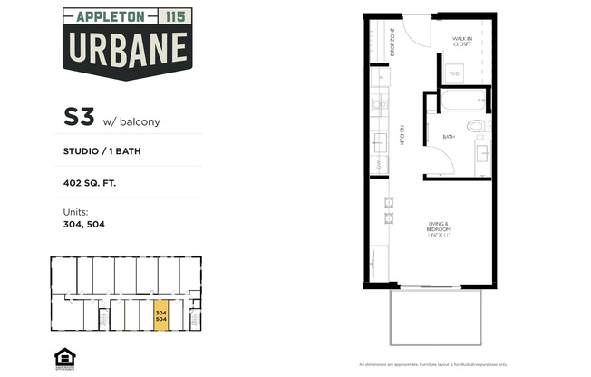 Studio, 1 bath, 402 sqft, $1,225, Unit 302