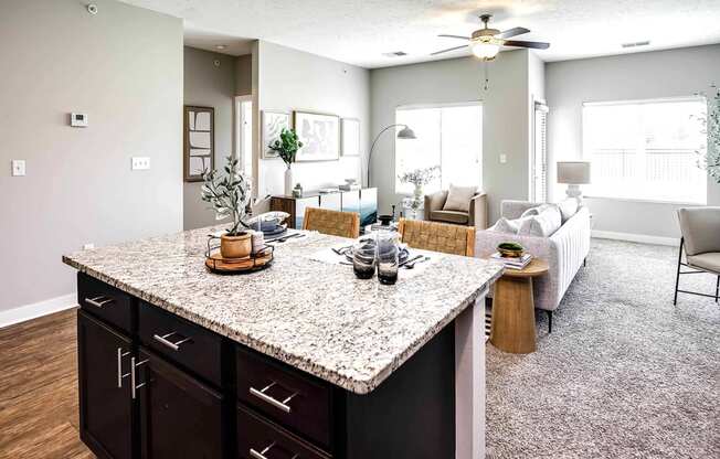 Luxury studio, one, and two bedroom apartment homes featuring granite countertops, stainless steel appliances, and fireplaces at East Lake Flats in Lincoln, NE