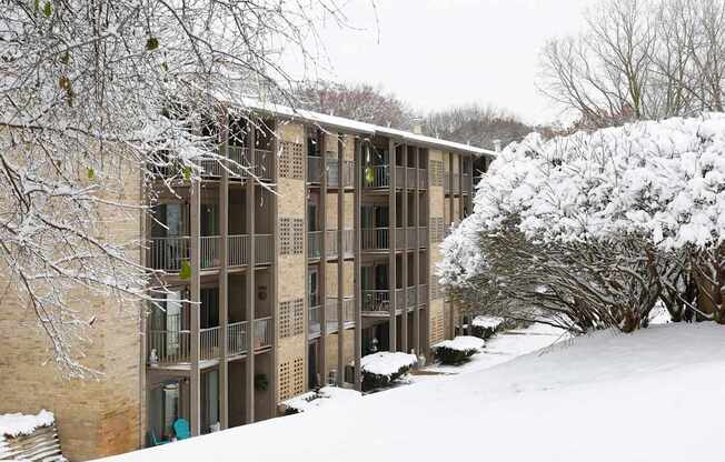 A building with a balcony and a tree covered in snow.