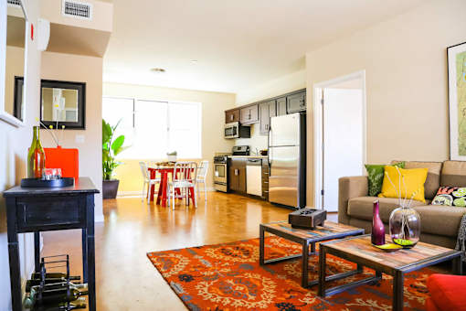 B3 Interior. Staged living, dining, and kitchen