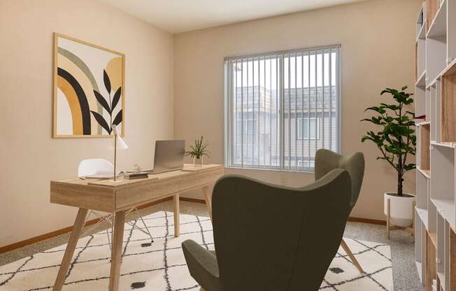 a home office with a desk and a chair and a window