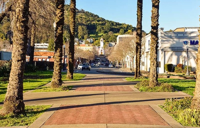 Landscape pathway to shops  at 215 BAYVIEW APARTMENTS, San Rafael, CA, 94901