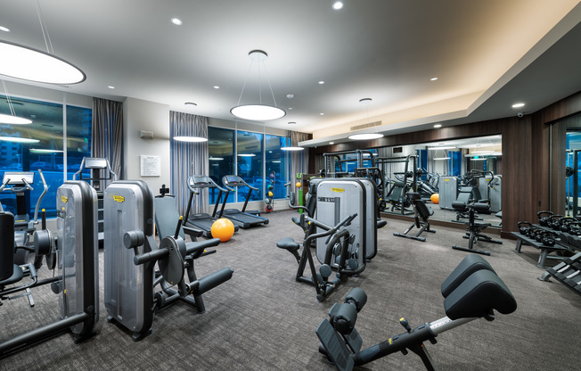 Indoor gym with large windows, carpet floors, treadmills, ellipticals, weight machines, kettlebells, and two mirror walls.