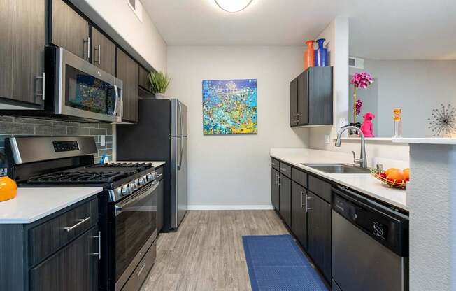 a kitchen with black cabinets and stainless steel appliances and a sink