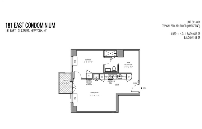 1 bed, 1 bath, 652 sqft, $3,800, Unit 501