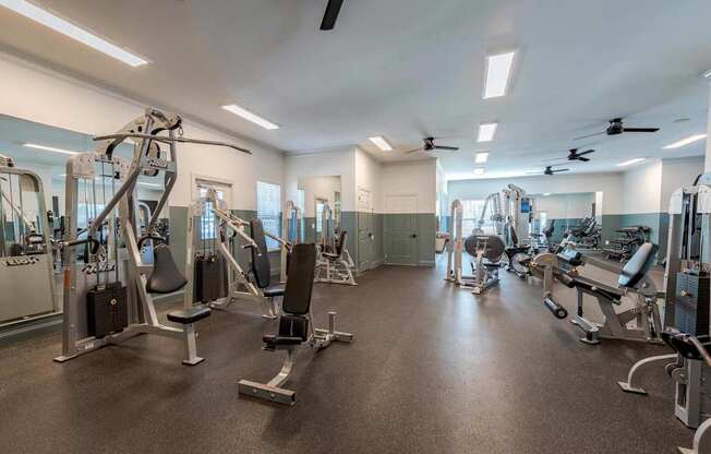 A spacious gym with a variety of equipment including treadmills, weight machines, and a squat rack.