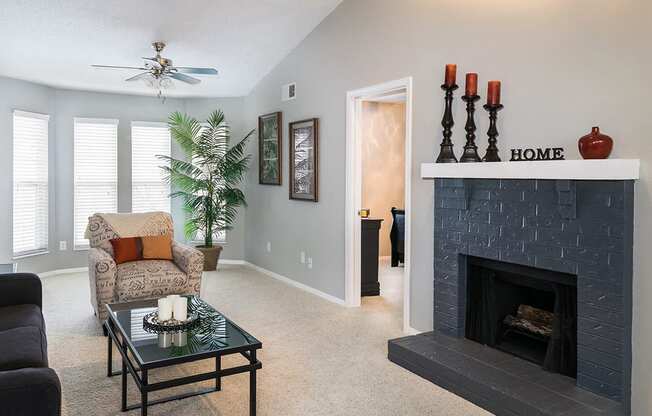 Fireplace in Living Room with Vaulted Ceilings