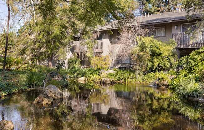 A lake in front of apartment homes surrounded by trees.