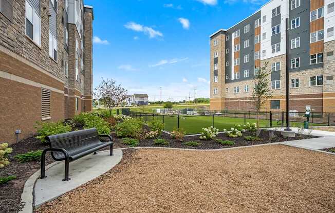 A black bench sits in a landscaped area between two apartment buildings.