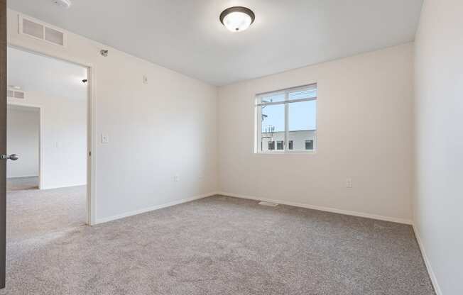 A room with a carpeted floor and a window.