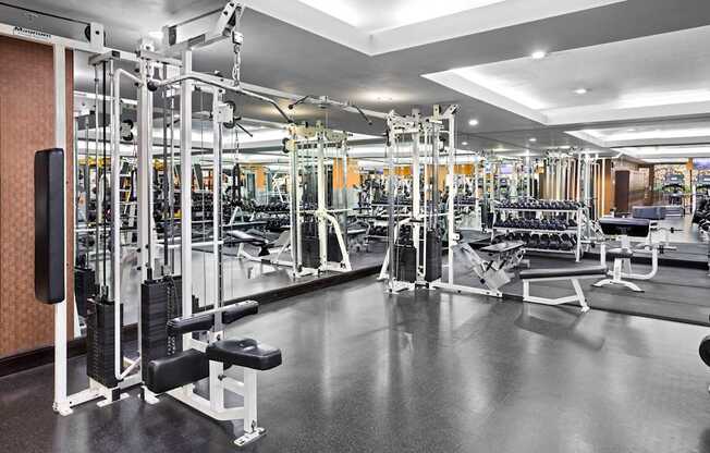 A gym with a variety of equipment including weight machines and free weights.