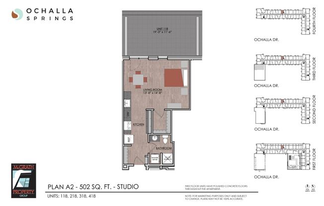 Studio, 1 bath, 502 sqft, $1,375, Unit 118