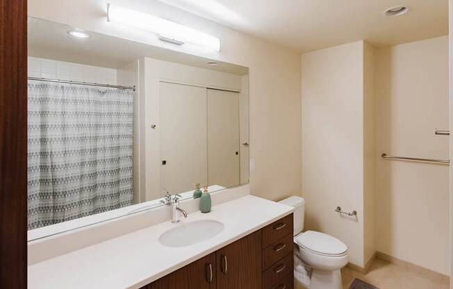 A bathroom with a sink, mirror, toilet, and shower.