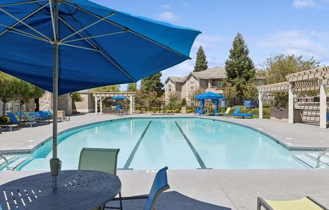 our apartments have a swimming pool with chairs and umbrellas