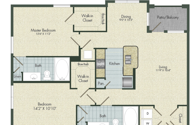 2 beds, 2 baths, 1,102 sqft, $1,584
