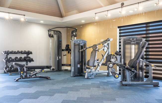 a gym with cardio equipment and weights in a building