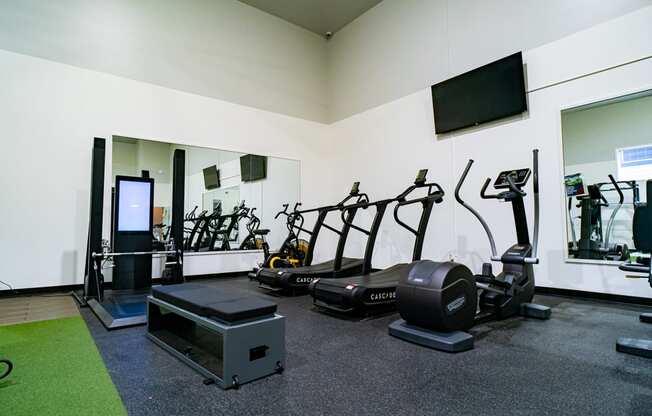 a group of exercise equipment in a gym