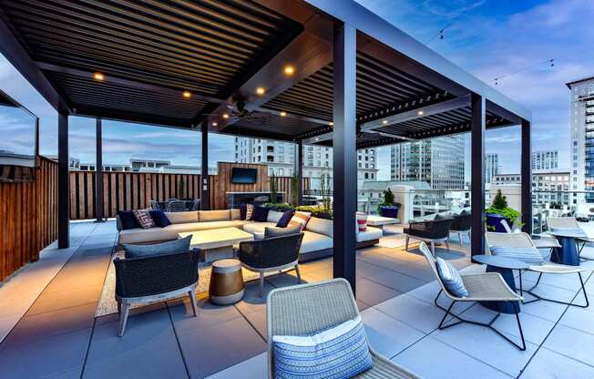 a roof top patio with furniture and a fireplace
