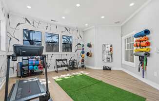 a workout room with a treadmill and a green rug