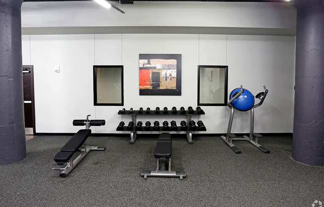 A gym with a bench, weights, and a ball.