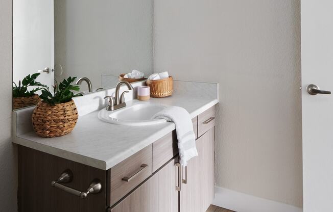 a bathroom with a sink and a mirror