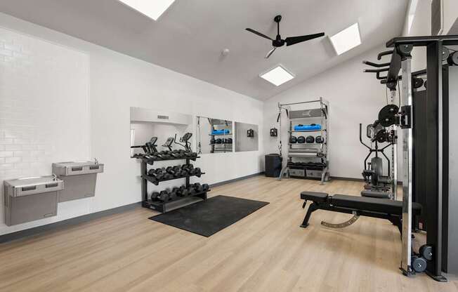 A gym with a variety of equipment including weights and a bench.